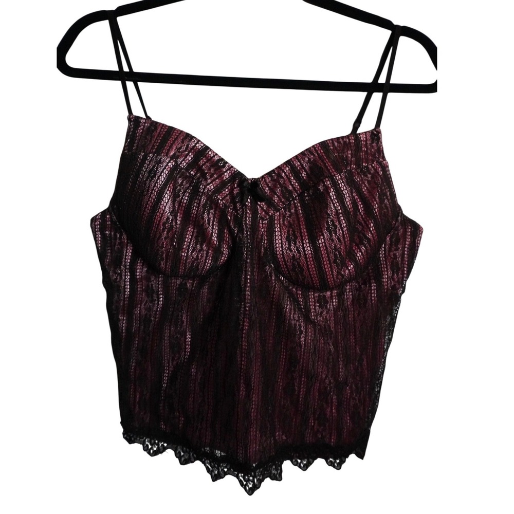 New York & Company Corset Top Large Romantic Black Lace Pink Satin Camisole Y2K